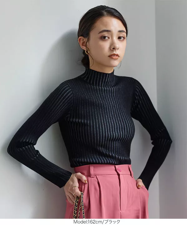 プレーティングモックネックリブニットトップス [C6421] - レディース