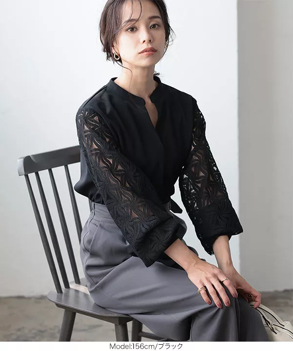 レースボリュームスリーブキーネックブラウス [C6454] - レディース