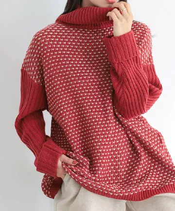 バイカラージャガードタートルニットトップス [C6459]