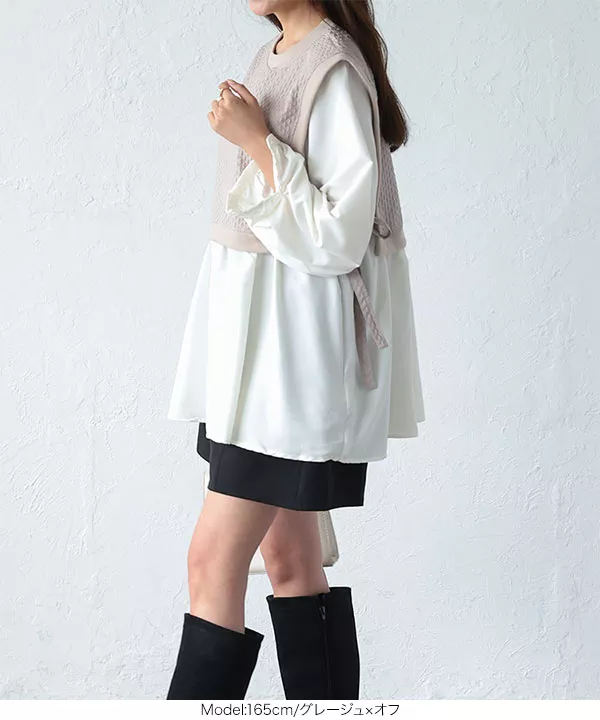 異素材ドッキングリボンブラウス(ブラック)＋タイダイＴシャツ 異素材切替ドッキングブラウス [C6521] - レディースファッション通販