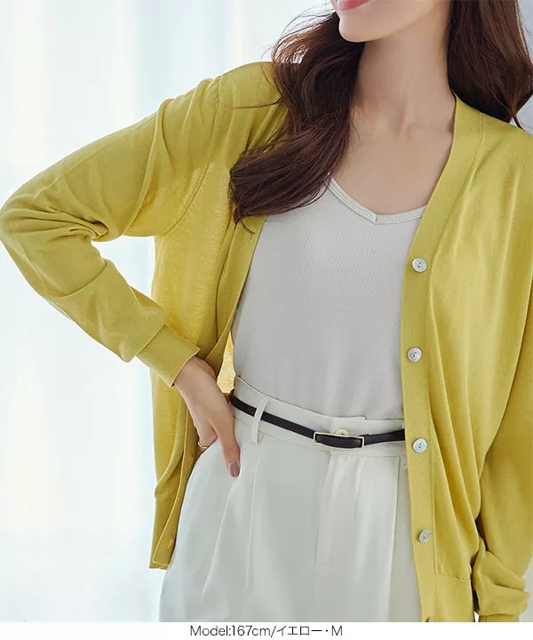 接触冷感＆アンチピリング シェルボタンサマーカーディガン [C6566