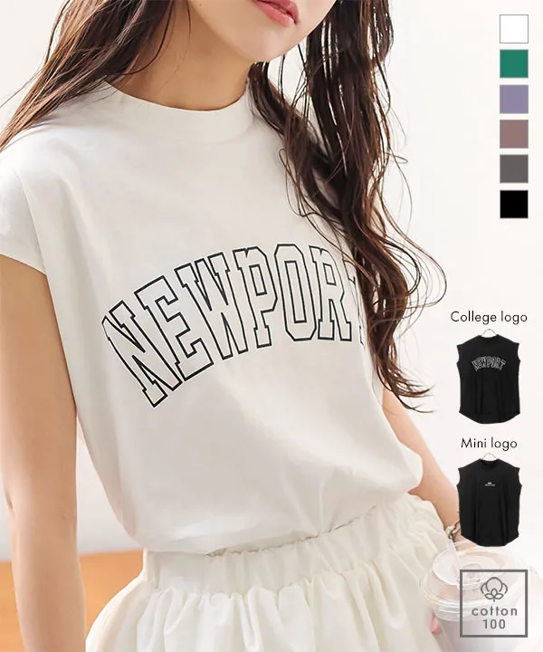 コットン100% ]ロゴプリントフレンチモックネックTシャツ [C6572