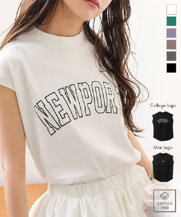 [ コットン100% ]ロゴプリントフレンチモックネックTシャツ [C6572]