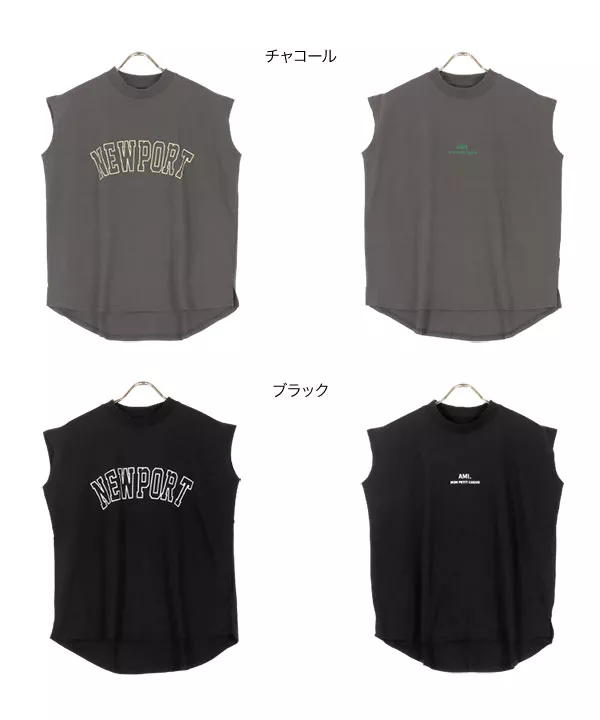 コットン100% ]ロゴプリントフレンチモックネックTシャツ [C6572