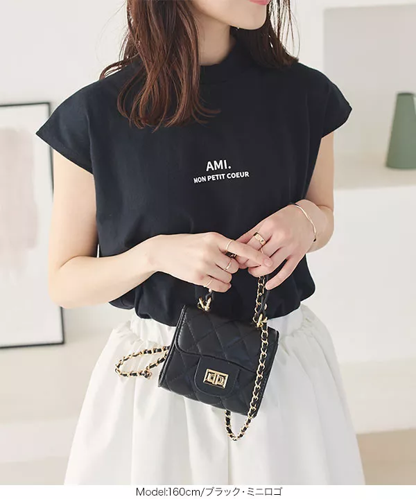 コットン100% ]ロゴプリントフレンチモックネックTシャツ [C6572