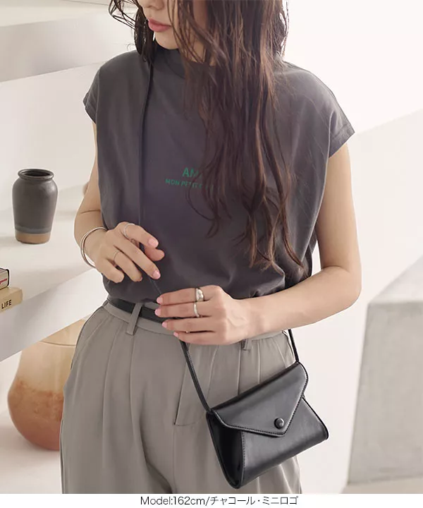 コットン100% ]ロゴプリントフレンチモックネックTシャツ [C6572