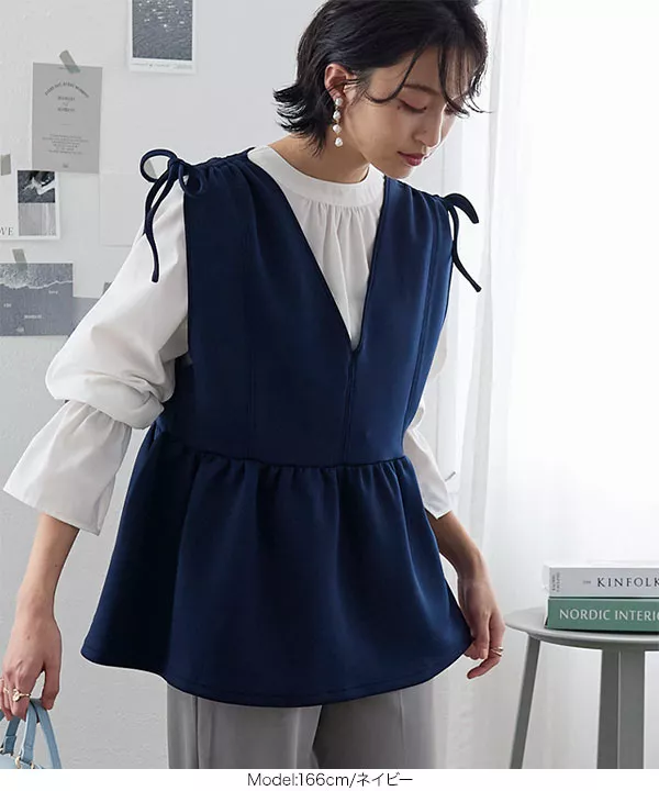 ショルダーリボンペプラムポンチベスト [C6635] - レディース