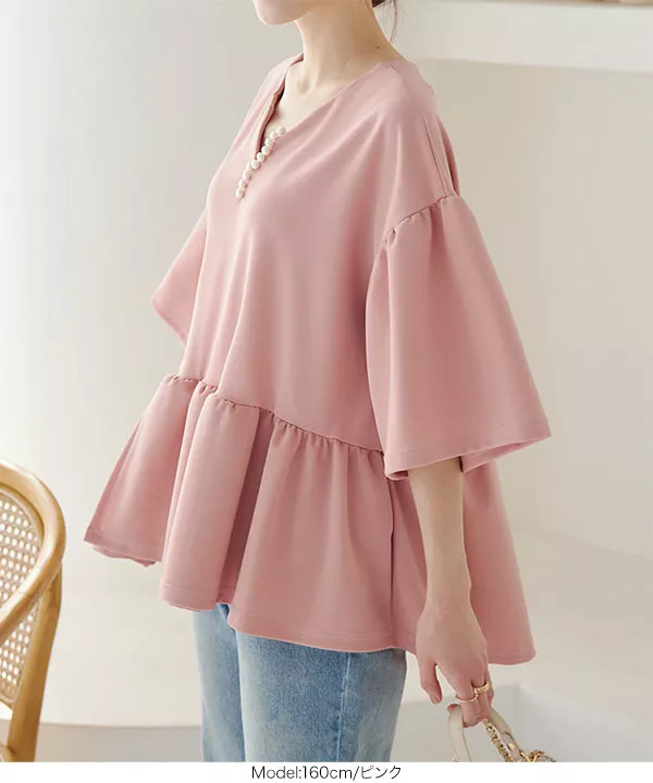 ネックパールペプラムTブラウス[C6651] | トップス全品送料無料！9/11(金)18:00〜9/14(月)朝11:59まで