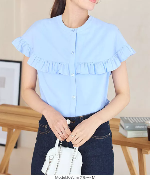 IENA 17SS ライトWクロス フリルノースリーブブラウス 水色 ☆美品☆ 前後2wayフリルノースリーブブラウス [C6756] - レディース