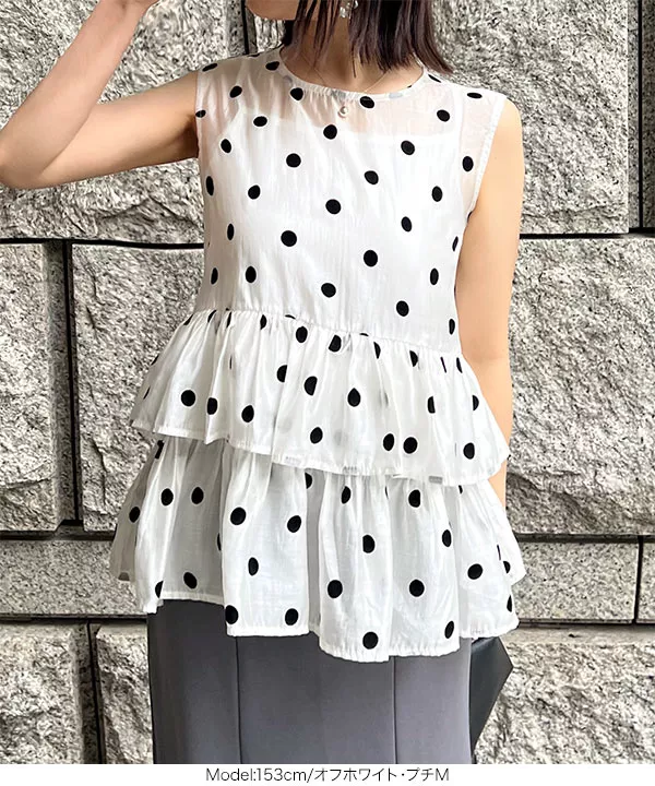 [ プチレタス ] インナーキャミ付きシアードットティアードブラウス [C6766]