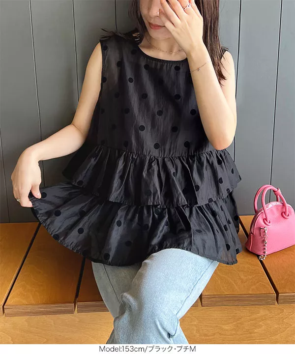 プチレタス ] インナーキャミ付きシアードットティアードブラウス