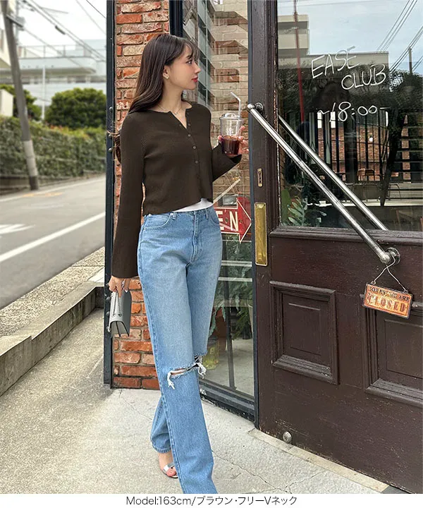 [ 岡部あゆみさんコラボ ] 選べる2タイプ フレアスリーブリブニットカーディガン [C6779]
