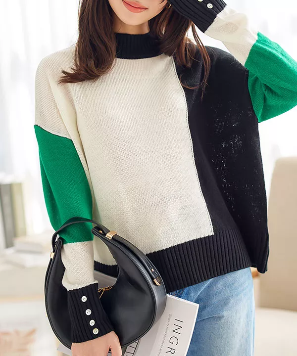 ブロッキングカラーモックネックニットトップス [C6799] | SALE