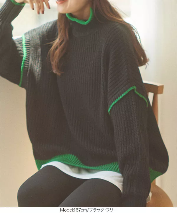 リブ配色オーバーサイズハイネックニットトップス [C6800