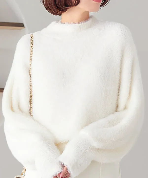 ボリュームスリーブモックネックシャギーニットトップス [C6853