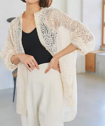 クロシェレースバンドカラーシャツ [C6862] - レディースファッション