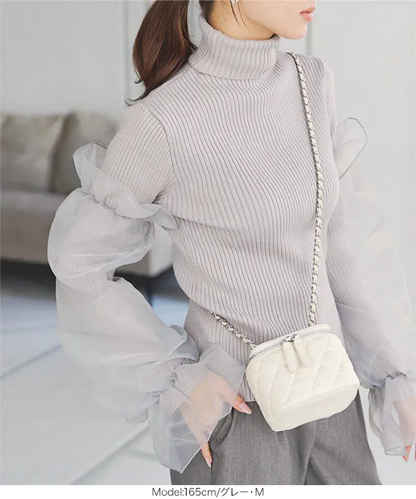 チュールスリーブタートルネックニットトップス [C6953] - レディース