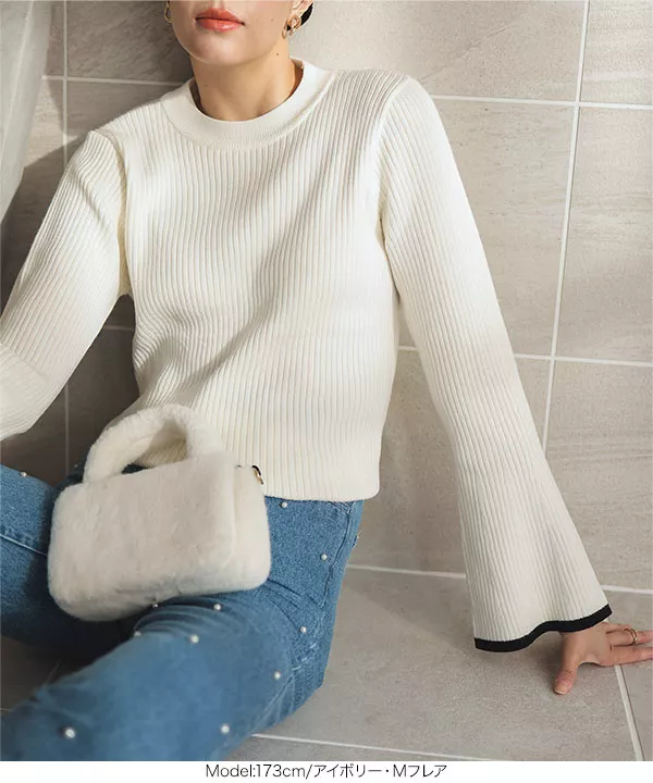 袖バイカラーもっちりリブニットトップス [C6960] - レディース