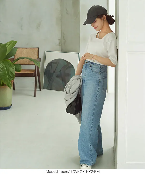 [ 田中亜希子さんコラボ ]　UVカットスクエアネック五分袖ニットトップス [C6966]