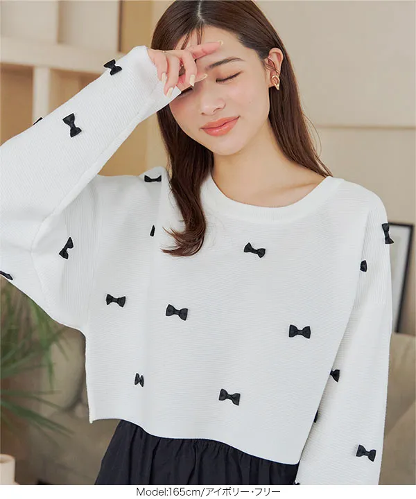 リボン付きショート丈ニットトップス [C7016] | トップス全品送料無料