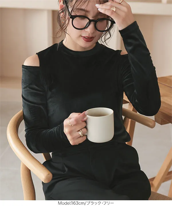 オープンショルダーベロアトップス [C7017] - レディースファッション