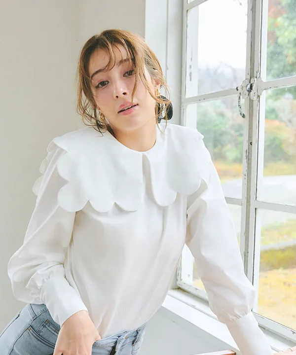 yori ブラック スカラップカラー ブラウス yori カラートップス