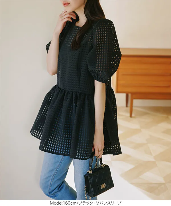 チェックオーガンジーペプラムブラウス [C7056] - レディース