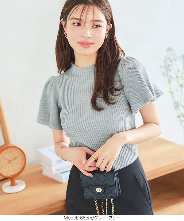 michellMacaron リボンフレアスリーブトップス グレー リボンリブニットトップス ホワイト | ファッション通販＆メディア