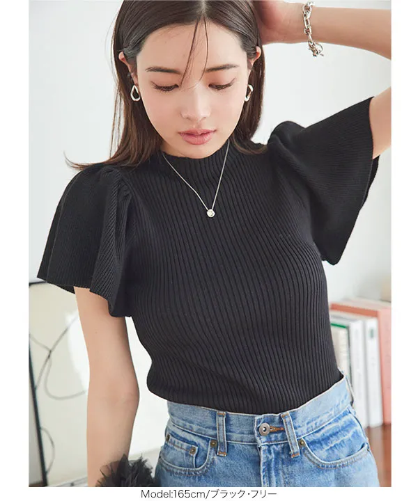 フレアスリーブモックネックリブニットトップス [C7080] - レディース