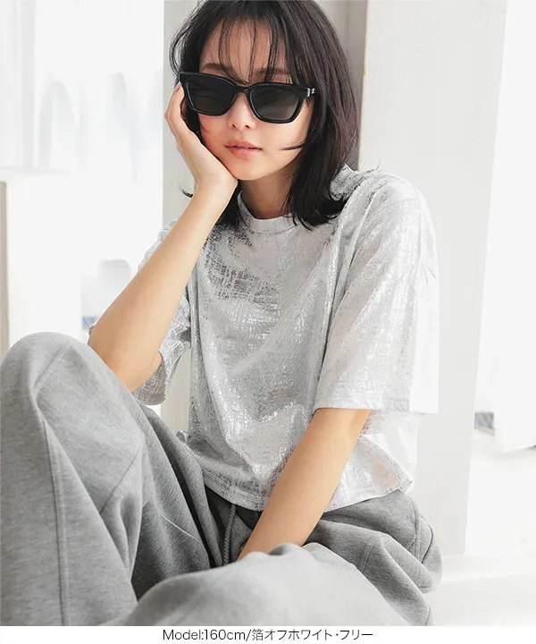 ラメor箔プリントショート丈Tシャツ [C7108] - レディース