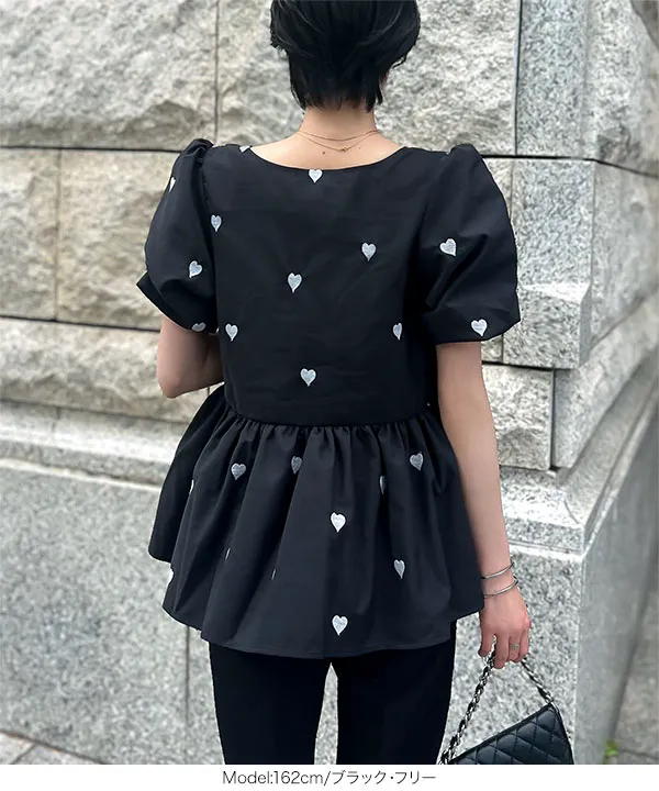ハート刺繍ペプラムブラウス [C7121] - レディースファッション