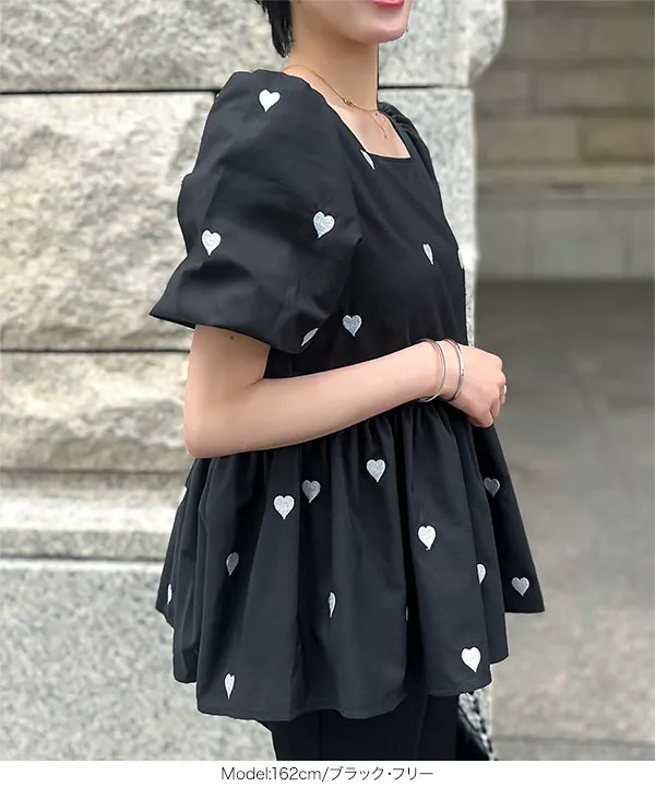 ハート刺繍ペプラムブラウス [C7121] - レディースファッション