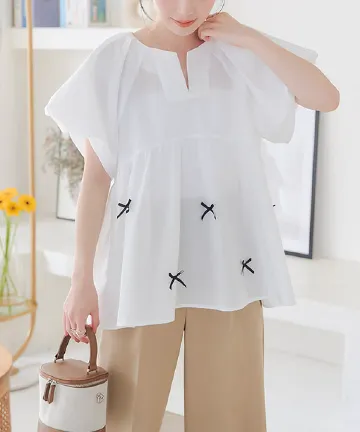 リボンモチーフペプラムブラウス [C7155]