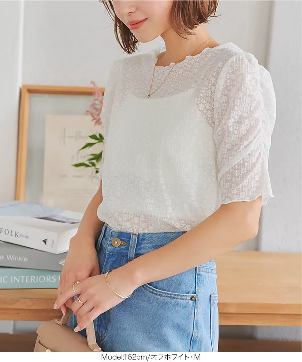 フラワーレース袖ギャザートップス [C7156] - レディースファッション