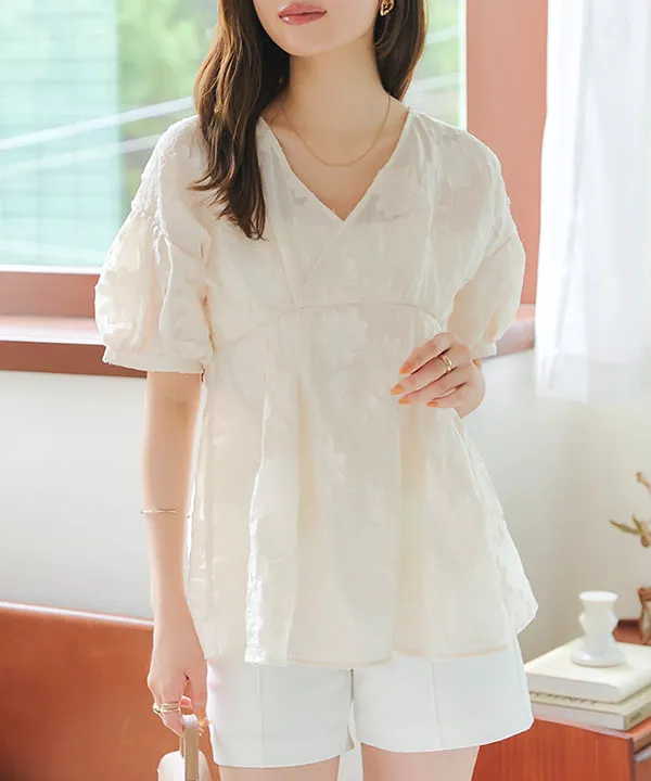 Vネックフラワージャガードシアーブラウス [C7167] | SALE