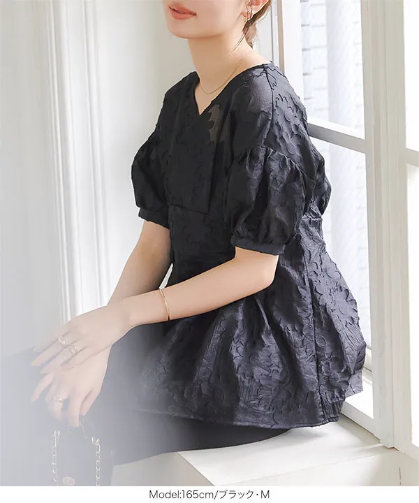 Vネックフラワージャガードシアーブラウス [C7167] | SALE