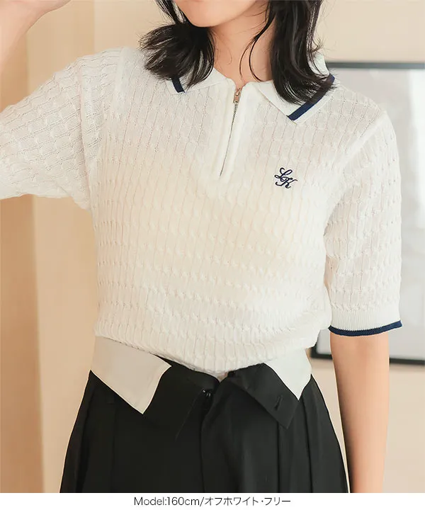 胸元刺繍ハーフジップケーブルニットトップス [C7172