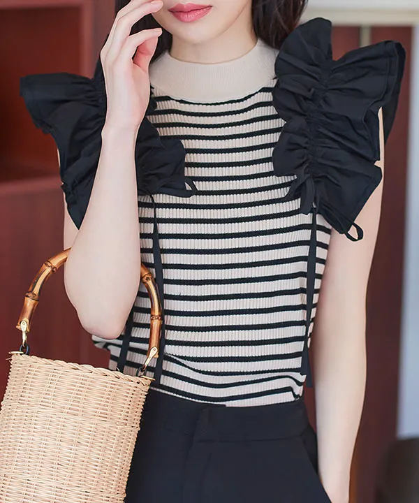 フリルギャザーデザインノースリーブニットトップス [C7174