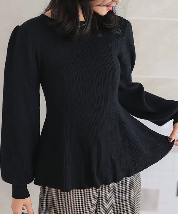 ぽわん袖ペプラムリブニットトップス [C7185] | トップス全品送料無料