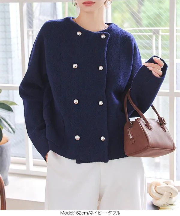 【美品】ロベルトコリーナ×シップス ニット ダブル 銀ボタン ジャケット L ダブルボタンもっちもちニットジャケット [C7195] - レディース