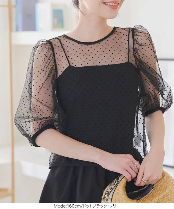 フロッキードットチュールパフスリーブプルオーバー [C7202