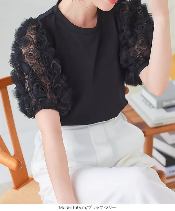 肩フラワーレース切替エアリーTシャツ サイドフラワーレース切替エアリーTシャツ＊サンフラワー