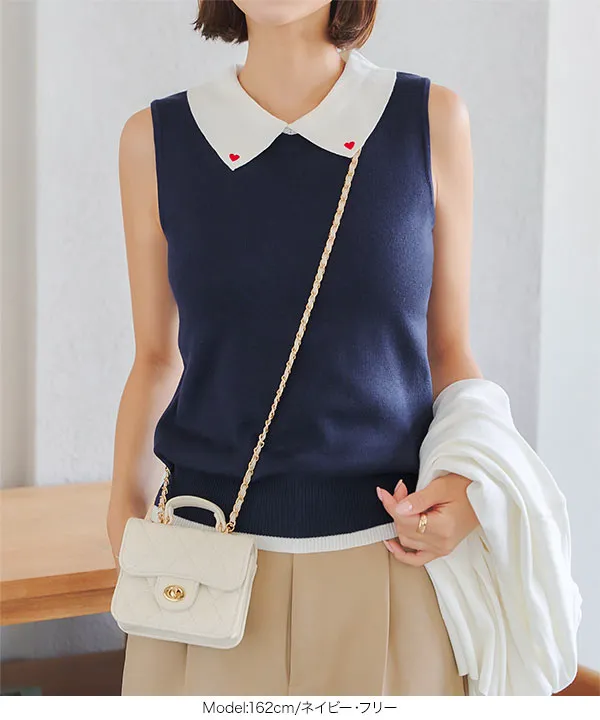 ハート刺繍ノースリーブニットトップス [C7218] - レディース