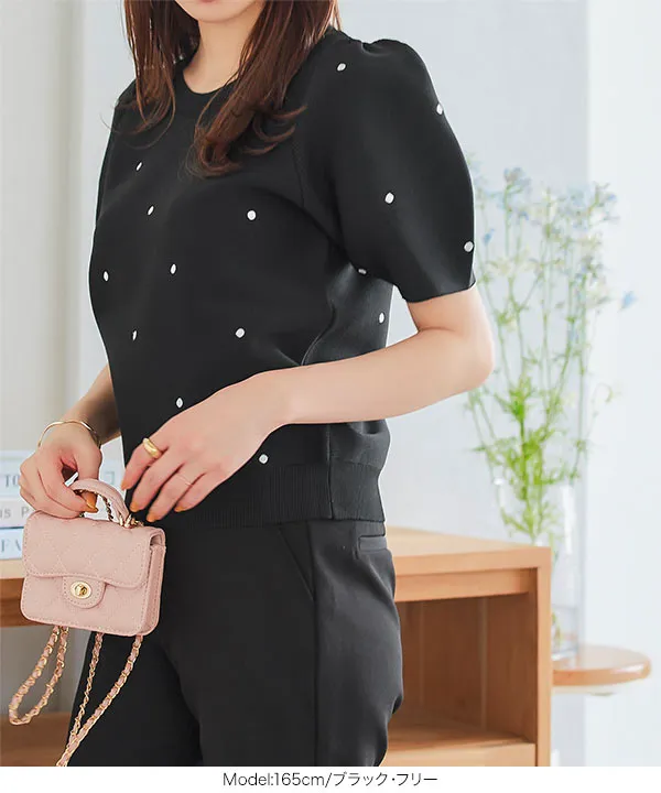 ドット刺繍ニットトップス [C7220] - レディースファッション
