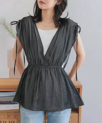 肩リボンVネックペプラムベスト [C7245] 　