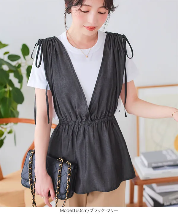 肩リボンVネックペプラムベスト [C7245] - レディースファッション通販