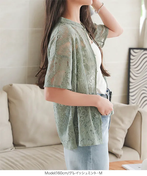 バンドカラー花柄シアーレースブラウス [C7246] - レディース