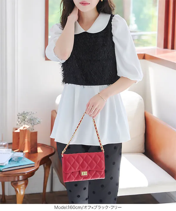 丸襟ふわふわシャギードッキングペプラムブラウス [C7275