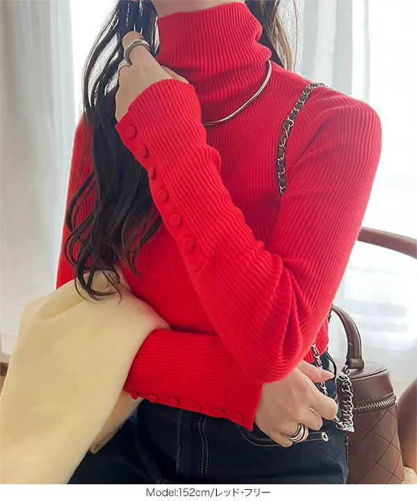 袖ボタンリブニットトップス [C7329] - レディースファッション通販