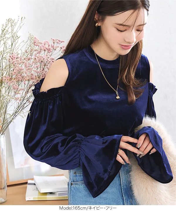 rienda | ビジューベロアクロップドトップス (Tシャツ